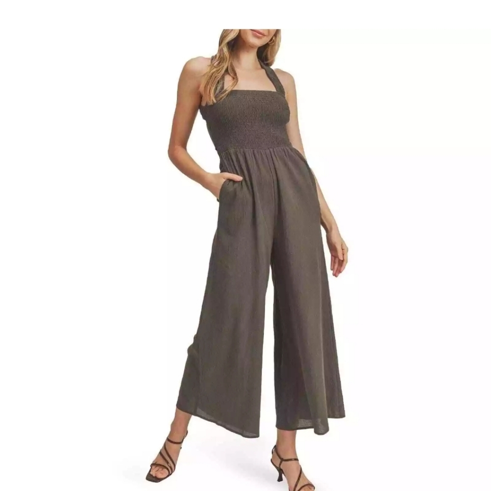 Lush 100% cotton Smocked Tie Back Romper Jumpsuit Olive Green Military Moss XL